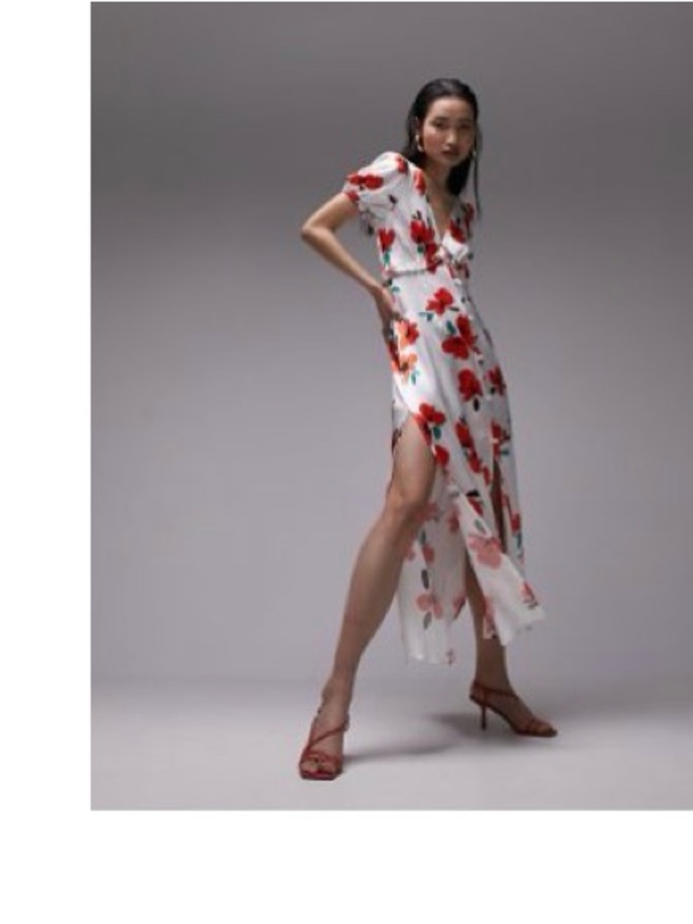 Topshop Red Floral Print Midi Dress in White & Red